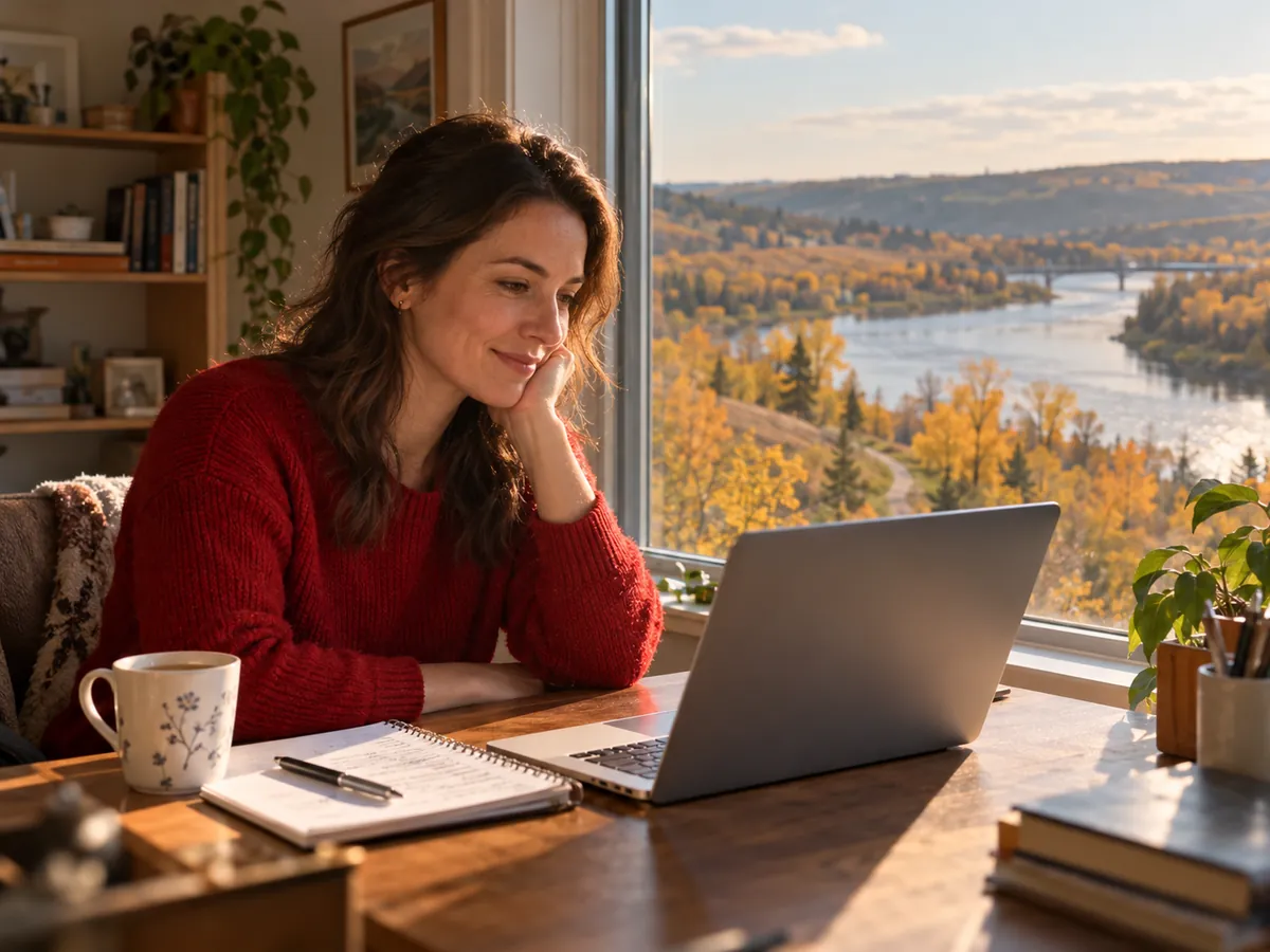 A learner studying online at home with a view of a river valley in autumn