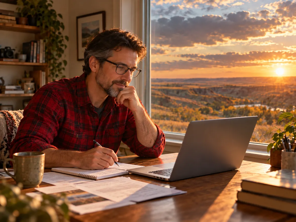 A learner studying online at home with a view of prairie coulees at sunset