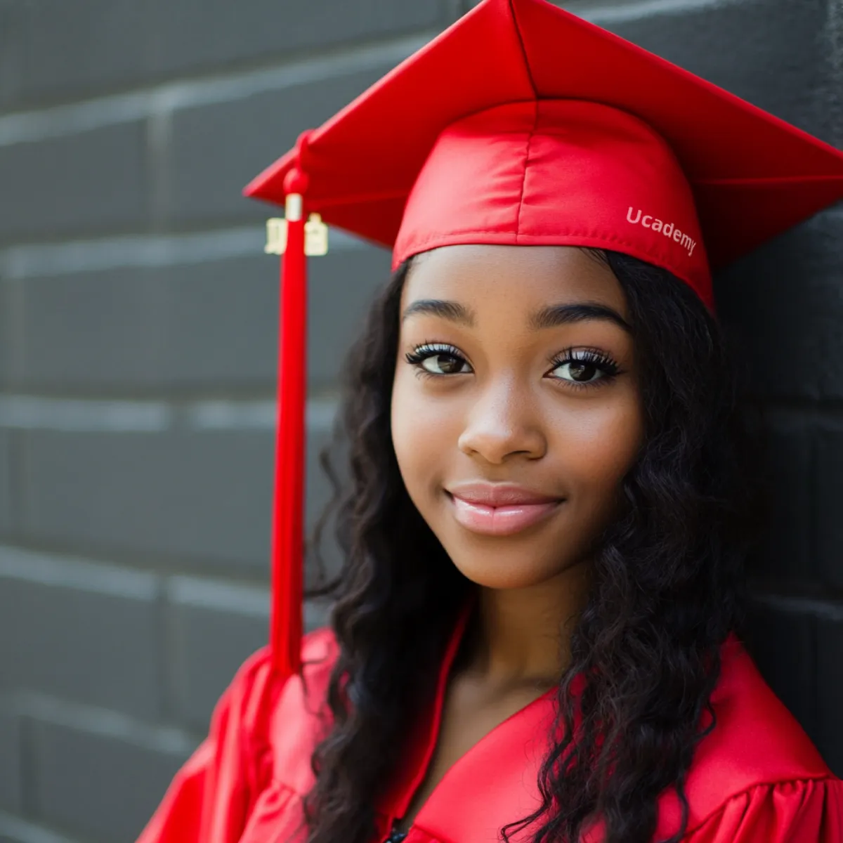 Smiling graduate in a red cap and gown