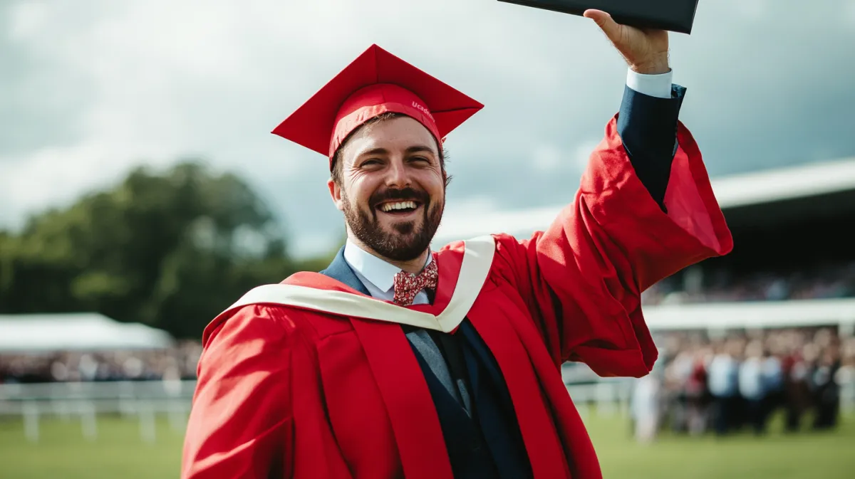 Graduate in a red gown celebrating at an outdoor ceremony