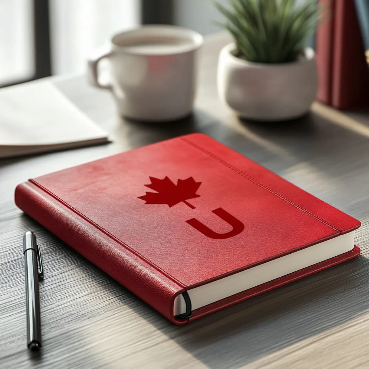 Red notebook with a maple leaf on a desk beside a coffee cup