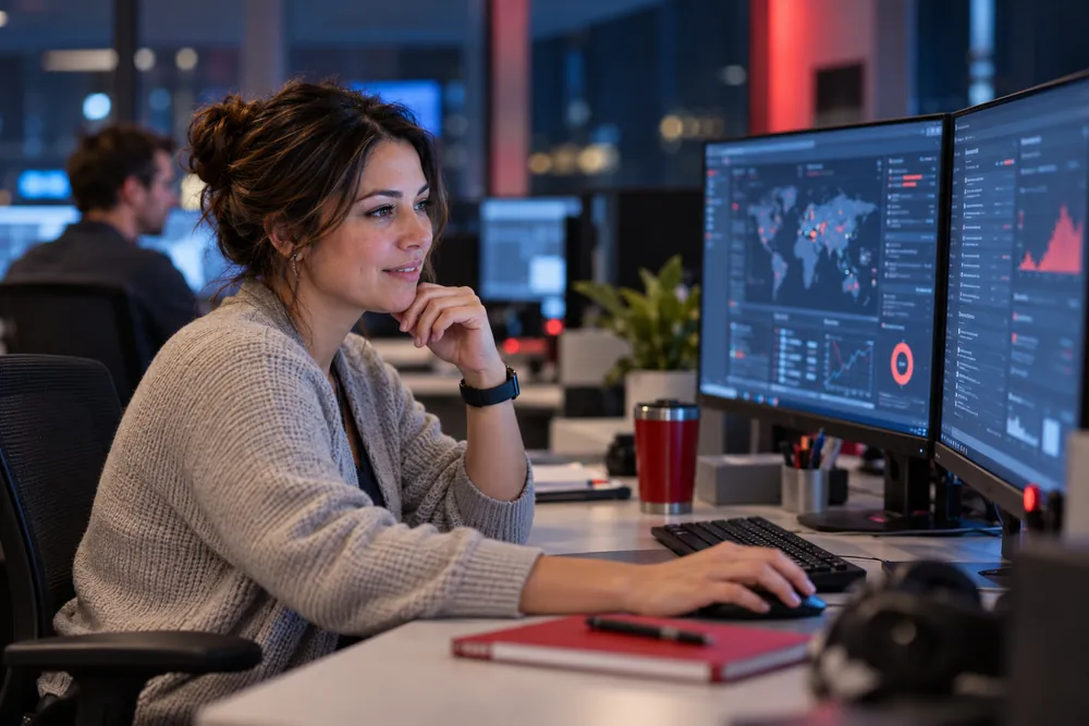 Cybersecurity analyst monitoring security dashboards on two screens
