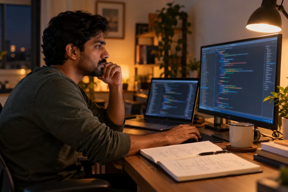 Developer writing code on a monitor and laptop at a home desk