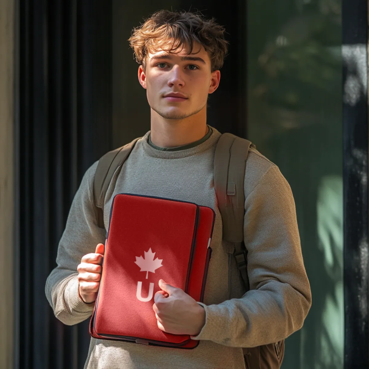 Student holding a red folder with a maple leaf