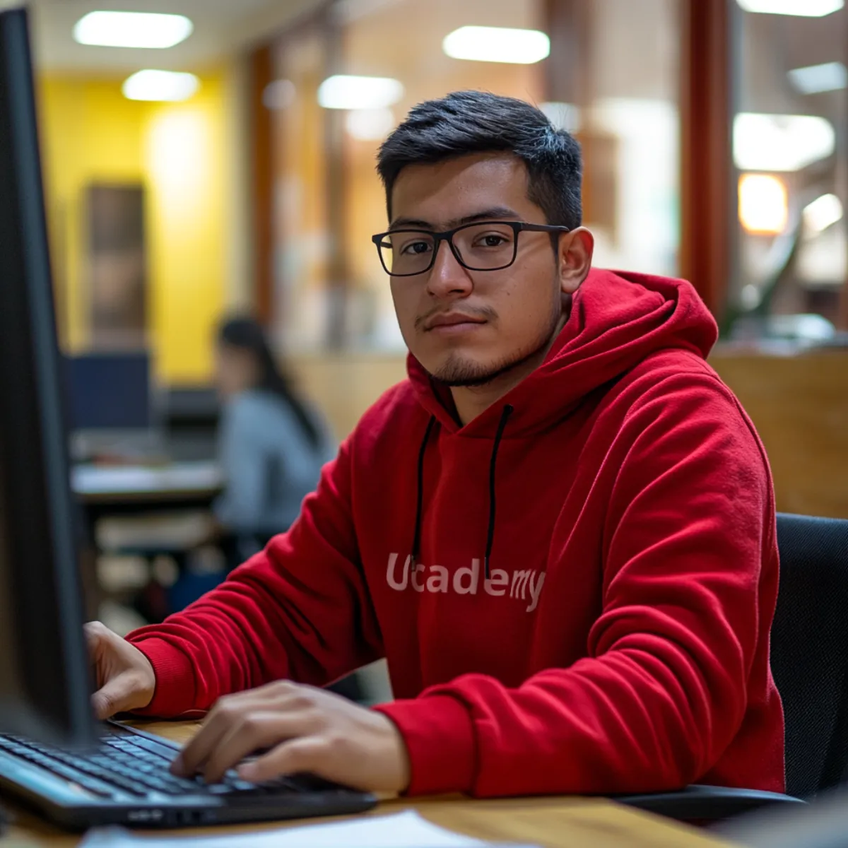Student in a red hoodie working on a computer