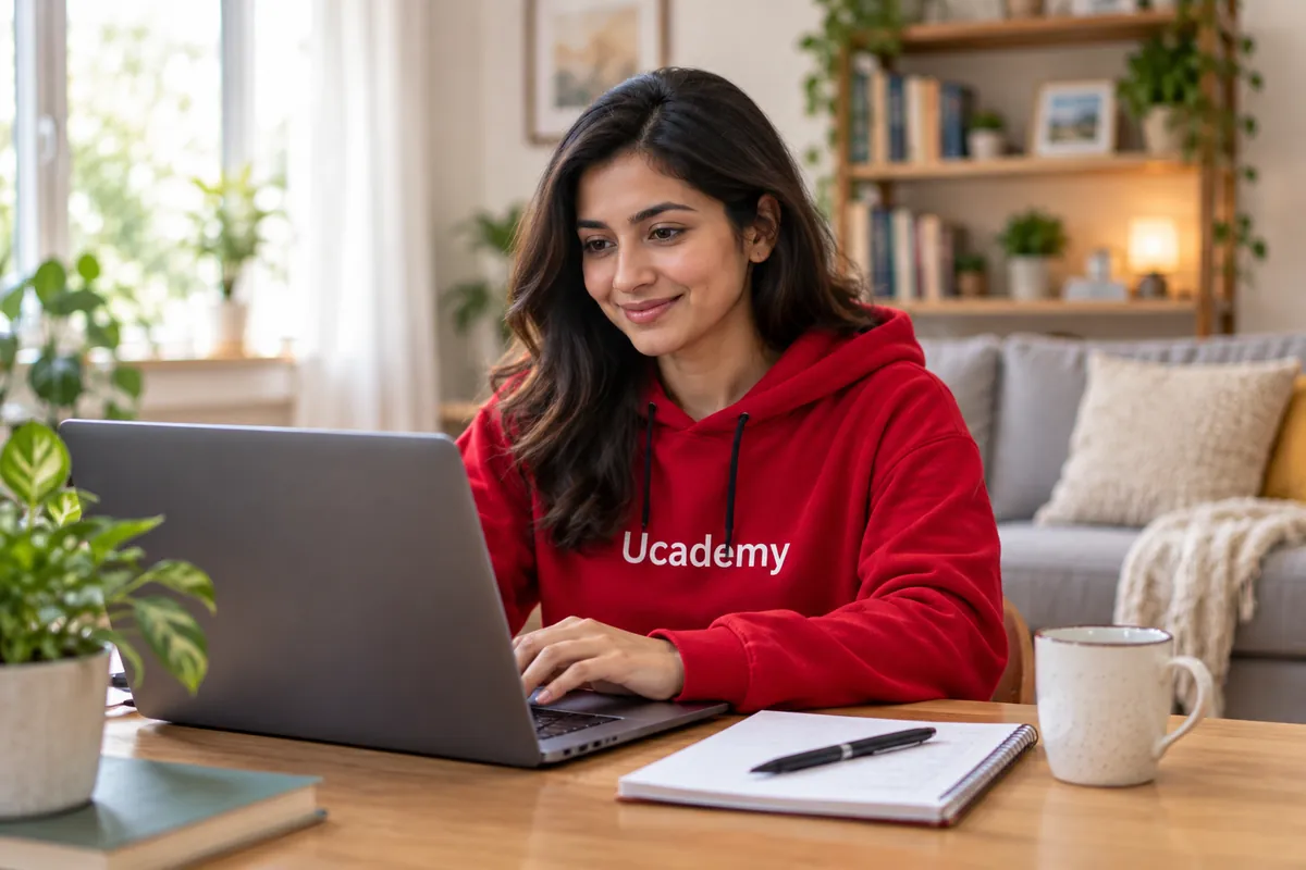 A student in a red Ucademy hoodie studying online at home on a laptop